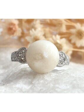 Faux Pearl Heart CZ Gemstone Modernist 925 Sterling Silver Vintage Ring - sz 7